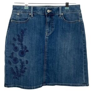 Talbots Denim Jean Short Skirt Blue Embroidered‎ Flowers Front Zipper Size 4P
